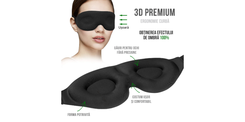 Masca de Dormit, 3D, Premium, WAYA, Poliester, Reglabila, 100% lumina blocata, Negru