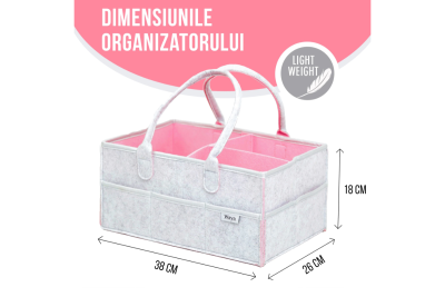 Geanta Organizator Scutece si Accesorii copii, bebelusi, WAYA, Pasla, Gri/Roz, 38x26x18 cm