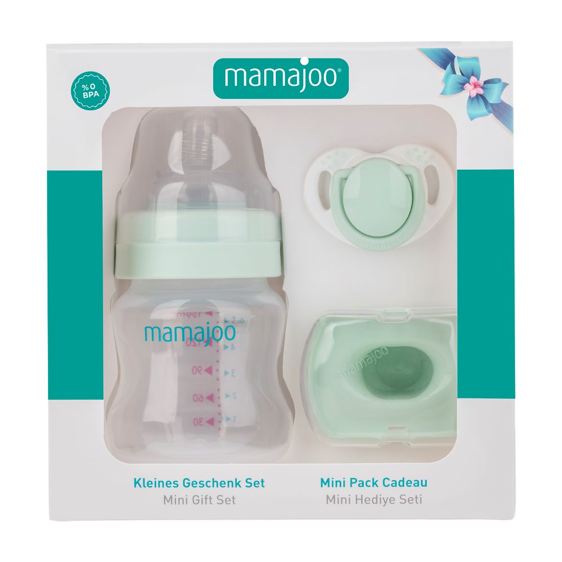 Mini set cadou verde praf, Biberon 150ml, Suzeta si cutie de depozitare, Mamajoo