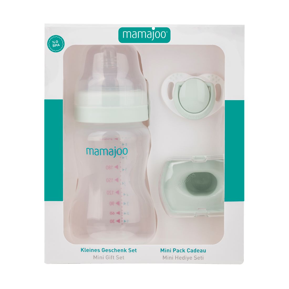 Mini set cadou verde praf, Biberon 250ml, Suzeta si cutie de depozitare, Mamajoo