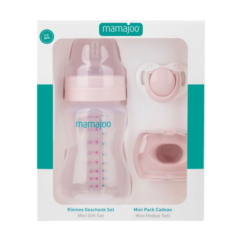 Mini set cadou roz pudrat, Biberon 250ml, Suzeta si cutie de depozitare, Mamajoo