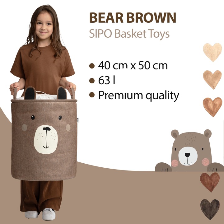 Cos Pliabil Pentru Depozitare Jucarii cu Snur pentru Inchidere, PREMIUM XL, 63 l, Impermeabila, SIPO, Brown Bear