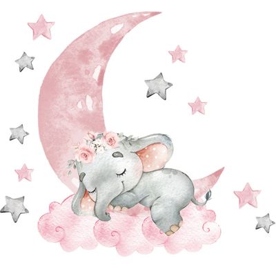 Sticker decorativ pentru copii, Autoadeziv, Model Elefant pe luna, 67x60 cm, SIPO