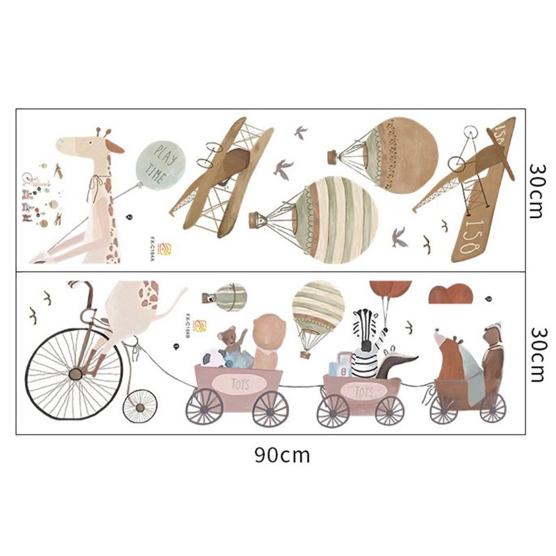 Sticker decorativ pentru copii, Autoadeziv, Model Girafa pe bicicleta cu prietenii, 72x111 cm, SIPO