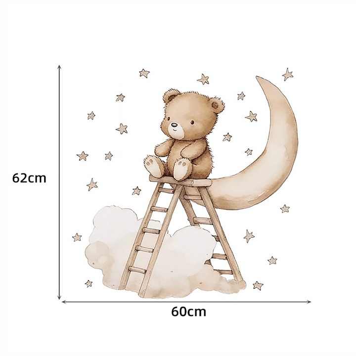 Sticker Decorativ Pentru Copii, Autoadeziv, Ursuletul Teddy pe scara, 62x60 cm